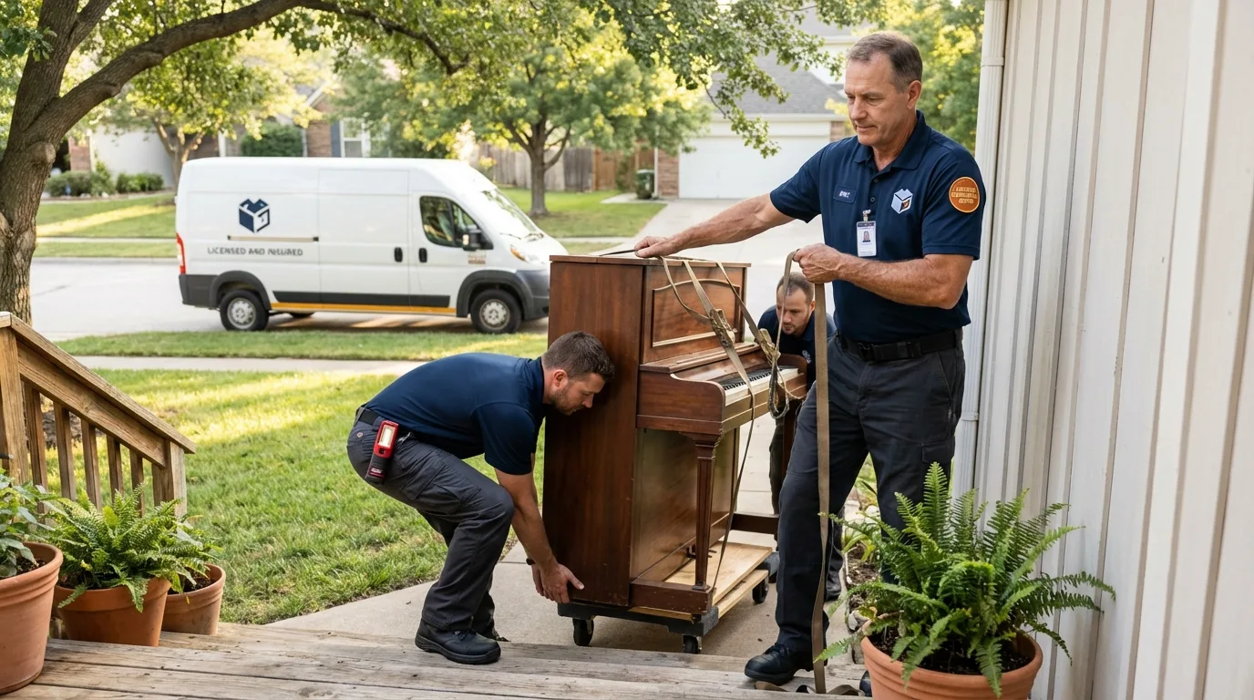 Licensed piano movers securing grand piano in Aplington, IA