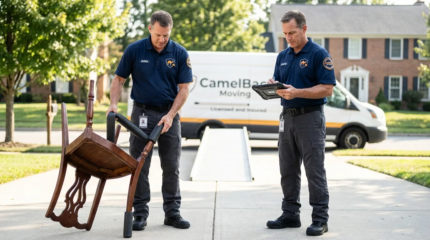 Movers inspecting furniture for damage prevention before loading in Aplington, IA