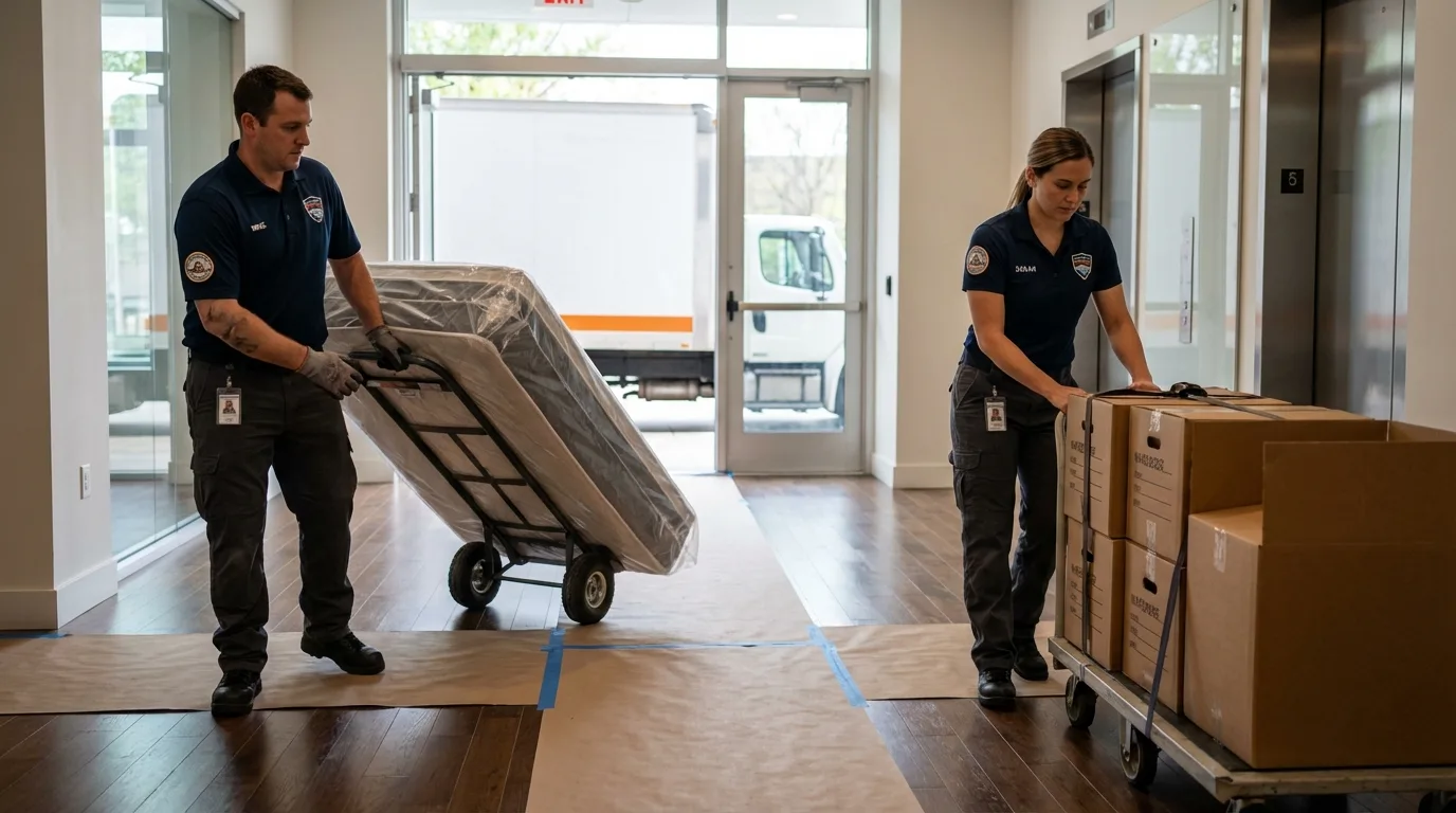 Professional apartment movers loading elevator in Aplington, IA