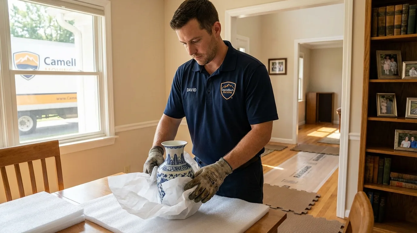 Professional crew carefully wrapping antique vase for senior downsizing move in Aplington, IA